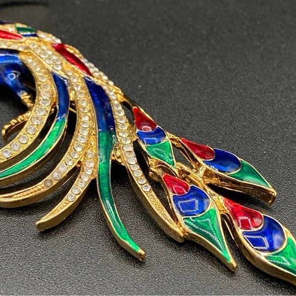 Colorful Bird Brooch In Blue, Red, Green Enamel and Sparkly Rhinestones in Gold - Picture 4 of 16